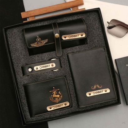 Personalized Men's Wallet, Keychain, Eyewear Case & Passport Cover with Name Charm Gift Combo